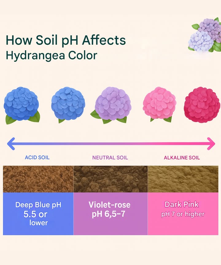 離 Hydrangea Color Magic Comes from the Soil! 離

Did you know hydrangea flowers dont choose their color? Its actually the pH of the soil that decides!

 Acidic soil pH below 5.5: blooms turn deep blue
 Neutral soil around pH 6.57: they become purple-pink
 Alkaline soil pH above 7: youll see bright pink flowers

 Gardeners tip:
Want blue? Mix in garden sulfur. Prefer pink? Try some lime. Nature will do the rest  just watch and enjoy!
