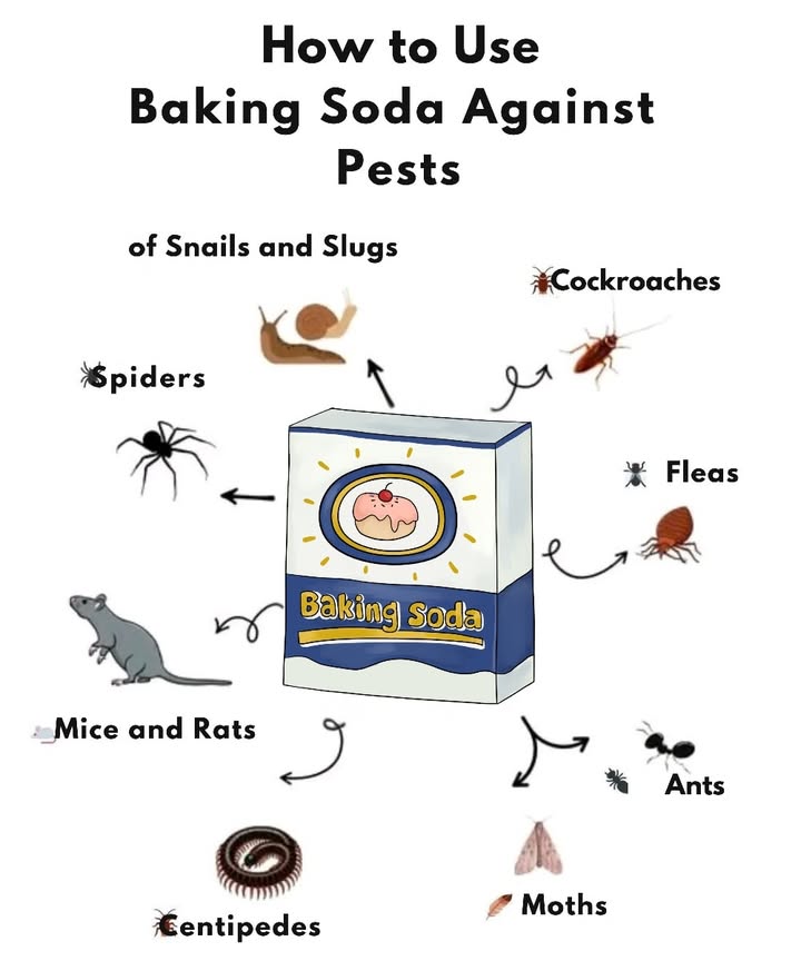How to Use Baking Soda Against Pests 聯

Cockroaches 荒
Mix baking soda and sugar in equal parts. Sprinkle behind appliances and along baseboards.

Fleas 裂
Baking soda  salt. Sprinkle over carpets and pet bedding, let sit, then vacuum thoroughly.

Ants 
Baking soda  powdered sugar. Sprinkle near ant trails.

Moths 曆
Place an open box of baking soda inside closets or wardrobes.

Mice and rats 
Baking soda  flour. Place near holes or droppings.

Spiders 
Mix baking soda with water and spray into corners and cracks.

Snails, slugs, and centipedes 
Sprinkle directly to dehydrate and eliminate them.

 Extra tip
Safe for children and pets. An eco-friendly alternative to harsh chemical products.

 A simple and powerful ally for a clean, pest-free home.