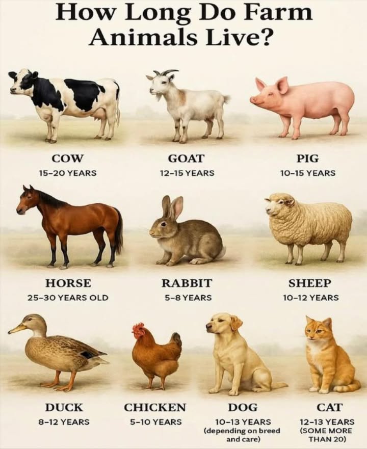 How Long Do Farm Animals Live? Lifespans You Should Know
 Cow
 1520 years
 Hardy and gentle. With proper care, cows thrive well into old age.

 Goat
 1215 years
 Curious and social  give them love and space, and theyll stick around for years.

 Pig
 1015 years
 Smart and emotional. In the right setting, pigs can live long, fulfilling lives.

 Horse
 2530 years
 One of the longest-living farm animals. Great diet and care = decades of companionship.

 Rabbit
 58 years
 Soft, sweet, and sensitive. Safety and clean shelter make all the difference.

 Sheep
 1012 years
 Quiet, gentle, and flock-loving  with the right care, they live a full decade or more.

閭 Duck
 812 years
 Provide clean water & predator protection  ducks can outlive expectations.

 Chicken
 510 years
 Not just egg-layers! Backyard chickens often reach senior bird status.

 Dog
 1013 years or more
 Loyal, hardworking farm friends. Breed and care matter most.

 Cat
 1213 years some 20!
 Rodent control with a soft side. Well-cared-for cats can live very long lives.

易 Final Thoughts
Farm animals arent just livestock  theyre partners, pets, and part of the family.
Knowing their lifespan = better care, longer bonds.