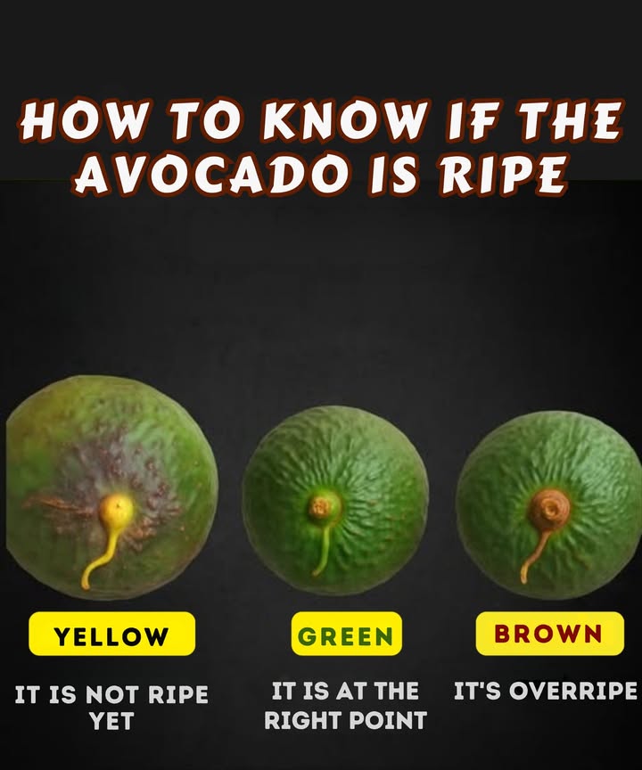 Check the color of the avocado stem: it tells you everything! 陋
 Yellow: The avocado is not yet ripe. Give it a few days.
 Green: Perfect! Its ready to eat.
 Brown: Its overripe. Best to use it for a face mask or compost.
 Helpful tip to make sure you choose the perfect avocado.