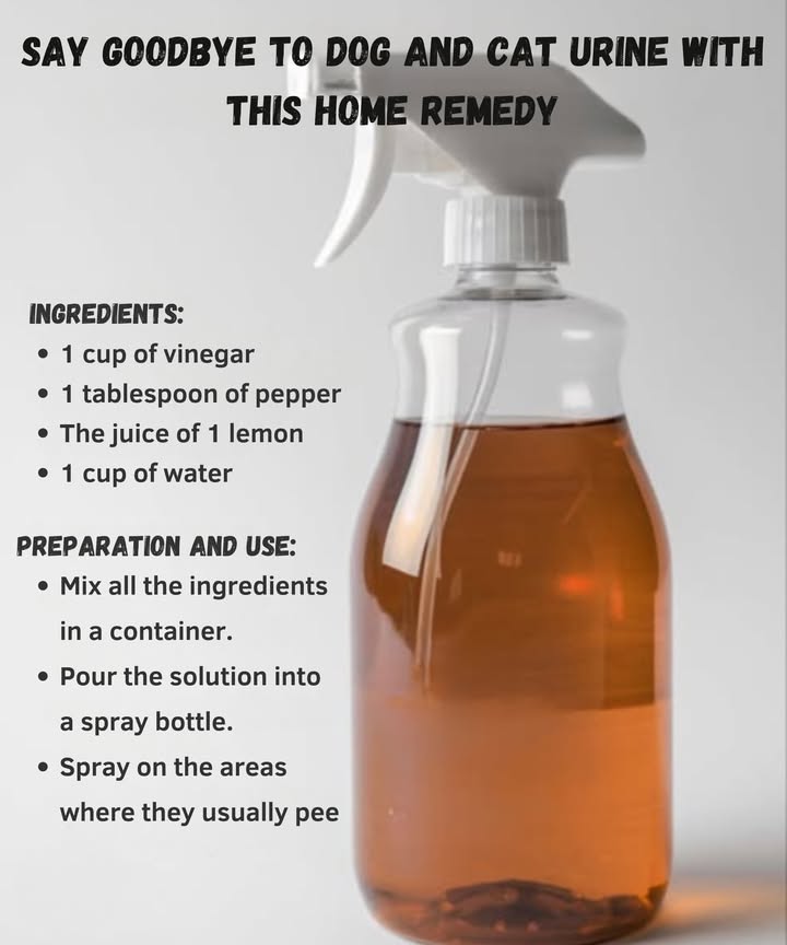 Say goodbye to dog and cat urine with this home remedy 
If you want to prevent your pets or stray animals from urinating in certain places, try this natural and effective mixture.
 Ingredients:
 1 cup vinegar
 1 tablespoon pepper
 The juice of 1 lemon
 1 cup water
 Preparation and use:
1 Mix all the ingredients in a container.
2 Pour the solution into a spray bottle.
3 Spray in the areas where they usually pee.
This remedy is safe and will help keep your spaces clean without harming your pets.