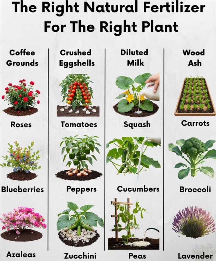 Boost your garden naturally with the right homemade amendment. 
 Coffee grounds acidify soilperfect for roses and berries
 Crushed eggshells add calcium for fruiting plants
 Diluted milk strengthens squash, cucumbers, and peas
 Wood ash provides potassium and raises pH for root crops
 Each plant benefits most from a specific nutrient boost
 Simple kitchen scraps = stronger, healthier harvests

 Feed the soil, fuel the gardennaturally