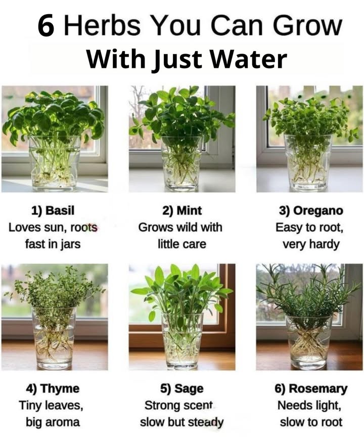 Grow Fresh Herbs Indoors  No Soil Needed!   6 Herbs You Can Grow with Just Water
 1. Basil
Loves sunlight & grows fast in water!
Perfect for pesto, pasta, and fresh salads.

 2. Mint
Grows wild with very little care.
A refreshing must-have for teas, cocktails, and desserts!

 3. Oregano
Super easy to root and very hardy.
Great for sauces, pizzas, and Mediterranean dishes.

 4. Thyme
Tiny leaves, BIG aroma.
Use it to season soups, meats, and roasted veggies.

 5. Sage
Slow to grow but worth the wait  strong and steady scent.
Adds earthy flavor to stuffing, poultry, and herbal teas.

 6. Rosemary
Needs plenty of light and patience  slow to root.
But once its established, its aromatic and versatile in savory dishes.

How-To Tip:
Place cuttings in clear jars of water near a sunny window. Change the water every few days to keep it fresh and prevent rot!