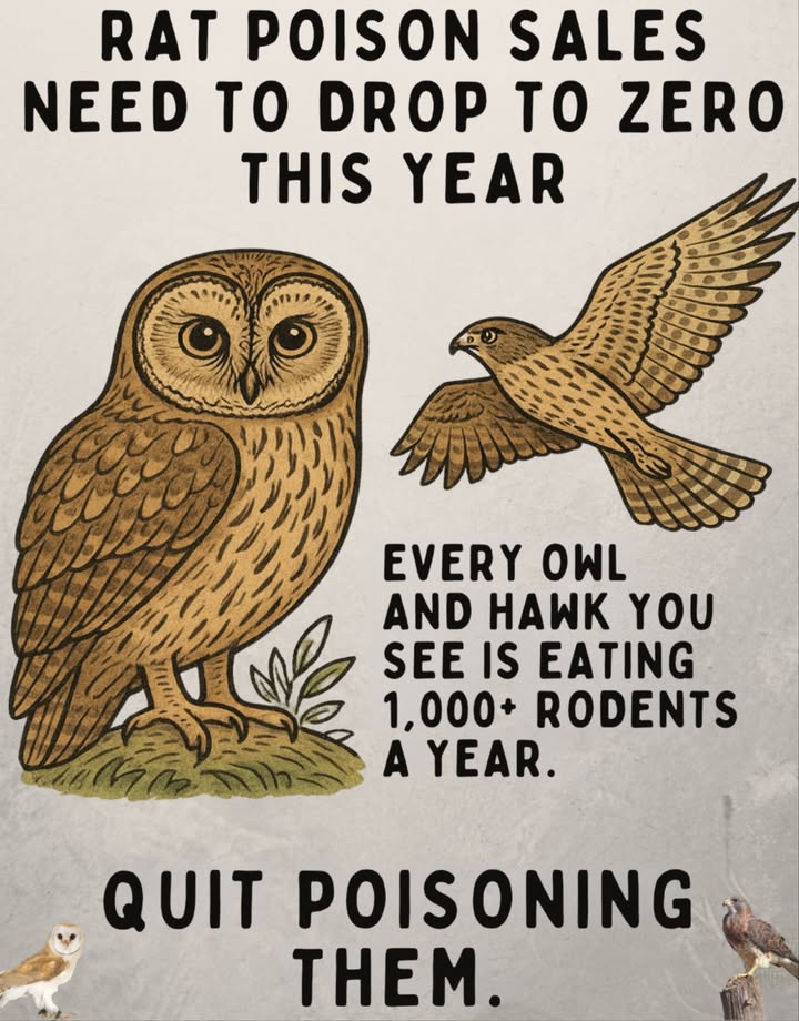 黎 One owl or hawk can eat over 1,000 rodents a yearnatures free pest control!

 Rat poison harms more than just rats. When rodents consume it, predators like owls, hawks, and even cats become poisoned too, disrupting the natural balance.

 Every poisoned rodent = a poisoned predator.

 Better solutions:
 Seal entry points
 Use snap or live traps
 Install owl boxes to attract hunters
 Avoid anticoagulant poisons