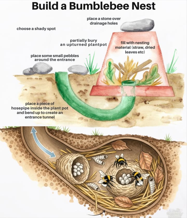 How to Build a Bumblebee Nest in Your Garden 
1. Choose a shady spot  Pick a cool, sheltered area in your garden.
2. Bury an upturned pot  Place a terracotta pot upside down in a shallow hole, with drainage holes at the top.
3. Cover drainage holes  Use a stone to block rainwater but keep airflow.
4. Add nesting material  Fill with straw, dried leaves, or moss.
5. Make an entrance tunnel  Insert a bent hosepipe into the pot for bee access.
6. Camouflage the entrance  Place small pebbles around the hose opening for a natural look.