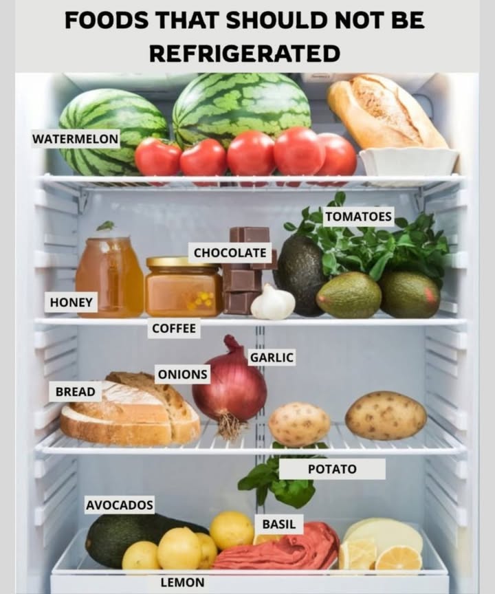 Foods That Should NOT Be Refrigerated 
 Watermelon  loses antioxidants & sweetness in the fridge.
 Tomatoes  cold temperatures ruin their texture & taste.
 Honey  refrigeration makes it crystallize.
 Chocolate  fridge causes white spots & changes flavor.
 Coffee  absorbs odors, losing its rich aroma.
龍 Garlic  becomes rubbery and sprouts faster.
暈 Onions  turn mushy in the fridge; store in a cool, dry place.
稜 Bread  dries out quickly; better stored at room temp.
凜 Potatoes  cold turns starch into sugar  weird taste.
陋 Avocados  ripen better outside; refrigerate only once ripe.
 Lemon  lasts well at room temperature.
 Basil  wilts in the cold; keep like fresh-cut flowers in water.

 Quick Tip: Store these foods in a cool, dry place   theyll stay fresher and taste better!