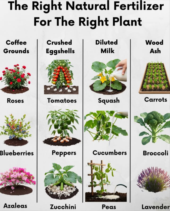 Boost your garden naturally with the right homemade amendment. 
 Coffee grounds acidify soilperfect for roses and berries
 Crushed eggshells add calcium for fruiting plants
 Diluted milk strengthens squash, cucumbers, and peas
 Wood ash provides potassium and raises pH for root crops
 Each plant benefits most from a specific nutrient boost
 Simple kitchen scraps = stronger, healthier harvests

 Feed the soil, fuel the gardennaturally