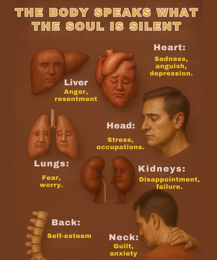 易 The body speaks what the soul keeps silent:
Have you ever wondered why your neck hurts for no apparent reason? Why does your back tense up even if you havent exerted yourself physically? Our body is wiser than we think. Every organ, every muscle, every pain can be an emotional message we havent yet heard.
Ancestral medicine and modern psychology agree on one essential thing: unexpressed emotions lodge in the body. And when we dont address them, they manifest as physical discomfort.
 Here are some revealing connections:
– The liver stores anger, repressed rage, and resentment.
– The heart suffers from deep sadness, anguish, and depression.
– The lungs tense up with fear and excessive worry.
– The head becomes overloaded with stress and responsibilities we dont delegate.
– The kidneys reflect disappointment, failure, and pent-up anger.
– The back and bones weaken when there is a lack of self-love and self-esteem.
– The spleen becomes sad with melancholy and constant worry.
– The neck stiffens with guilt, anxiety, and self-importance.
This emotional map doesnt seek to replace medicine, but rather to complement it. It invites us to look inward, to ask ourselves what we feel, what we keep quiet, what we need to heal.
Because when we listen to the body with compassion, we also begin to heal the soul.