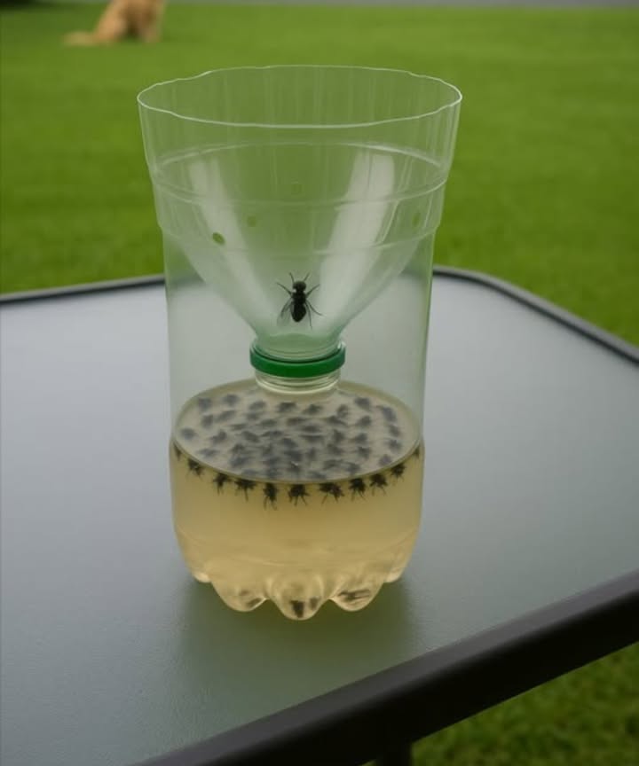 I had to get this out because this years flies are RIDICULOUS… I posted this trap I made back in 2015, so Im giving you the recipe so you can make one… IT REALLY WORKS.
1/2 cup sugar, 1/4 cup vinegar, 1/2 cup hot water, 1 teaspoon salt. Mix everything in the bottle… Cut off the funnel and turn it upside down.