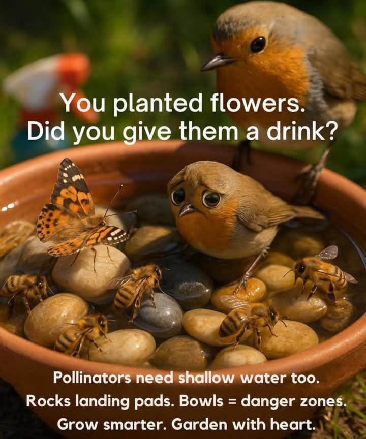 Pollinators need shallow water too!
When you plant flowers to attract pollinators, its important to consider their basic needs, like water. Pollinatorssuch as bees, butterflies, and birdsneed a safe place to drink. Make sure your garden provides shallow, accessible water sources.

曆 Rocks are landing pads
Be sure to add rocks or small pebbles to your water dish to create stable landing spots for pollinators. These tiny creatures may struggle to drink from deep water, so the rocks help them land and sip safely.

 Bowls = danger zones
Avoid using deep bowls for water, as pollinators can easily get trapped. Instead, choose a shallow dish with rocks, pebbles, or marbles. This way, they can drink without the risk of falling in.

 Grow smarter. Garden with heart.
Remember, your garden isnt just about beautiful bloomsits a vital space for wildlife. By providing water sources for pollinators, you help sustain the delicate ecosystem and encourage a thriving garden.
