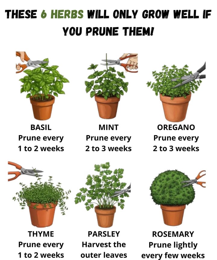 These 6 herbs will only grow well if you prune them 

1 Basil  Prune every 1 to 2 weeks: stimulates branching and prevents flowering, which impairs flavor.
2 Mint  Prune every 2 to 3 weeks: controls expansion and maintains an intense flavor.
3 Oregano  Prune every 2 to 3 weeks: promotes dense, aromatic foliage.
4 Thyme  Prune every 4 to 6 weeks: cut back after flowering to regenerate the plant.
5 Parsley  Always harvest the outer leaves: ensures continuous production.
6 Rosemary  Prune every few weeks: keeps the plant compact and vigorous.

 Tip: Regular pruning maintains the health, flavor, and productivity of your herbs year-round.