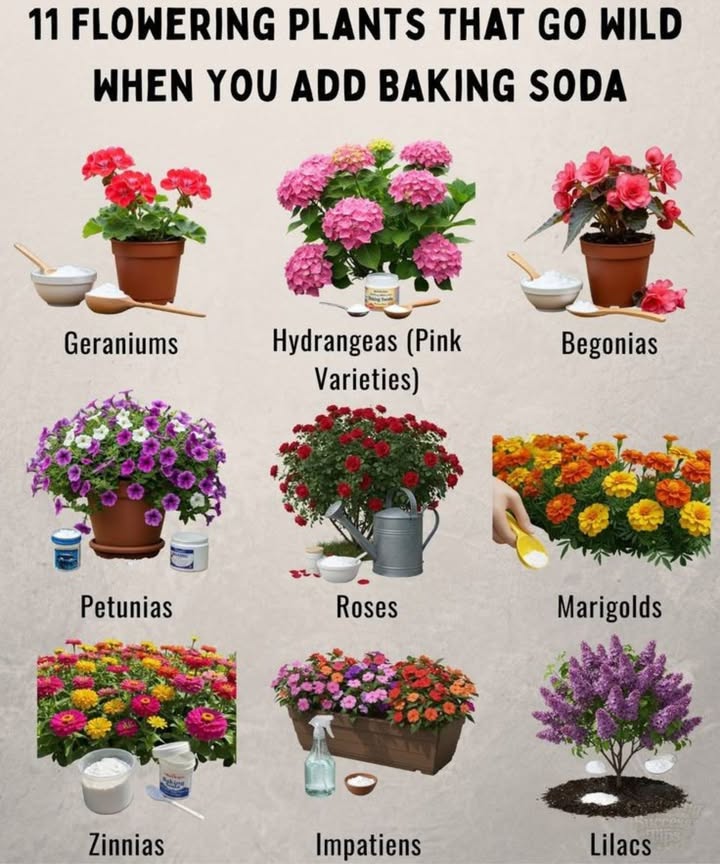11 Flowering Plants That Love Baking Soda 
 Geraniums  Boosts vibrant blooms and keeps pests at bay.
 Hydrangeas Pink Varieties  Helps maintain their stunning pink color.
 Begonias  Encourages lush, healthy flowers all season.
 Petunias  Brings out more vibrant, fuller blossoms.
 Roses  Strengthens growth and helps fight powdery mildew.
李 Marigolds  Thrives with baking soda while staying pest-resistant.
 Zinnias  Produces brighter, bigger flowers.
 Impatiens  Keeps blooms lively and long-lasting.
 Lilacs  Enhances fragrance and bloom power.

 Bonus: Baking soda is also safe, eco-friendly, and inexpensivemaking it one of the best natural gardening hacks!