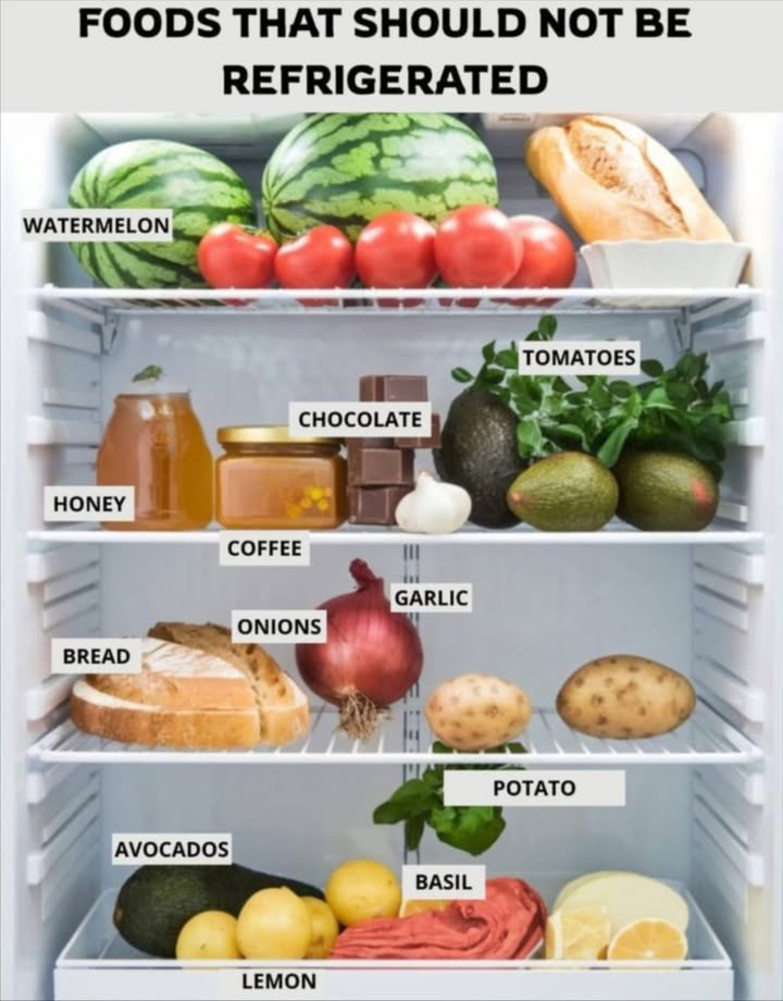Foods That Should NOT Be Refrigerated 
 Watermelon  loses antioxidants & sweetness in the fridge.
 Tomatoes  cold temperatures ruin their texture & taste.
 Honey  refrigeration makes it crystallize.
 Chocolate  fridge causes white spots & changes flavor.
 Coffee  absorbs odors, losing its rich aroma.
龍 Garlic  becomes rubbery and sprouts faster.
暈 Onions  turn mushy in the fridge; store in a cool, dry place.
稜 Bread  dries out quickly; better stored at room temp.
凜 Potatoes  cold turns starch into sugar  weird taste.
陋 Avocados  ripen better outside; refrigerate only once ripe.
 Lemon  lasts well at room temperature.
 Basil  wilts in the cold; keep like fresh-cut flowers in water.

 Quick Tip: Store these foods in a cool, dry place   theyll stay fresher and taste better!