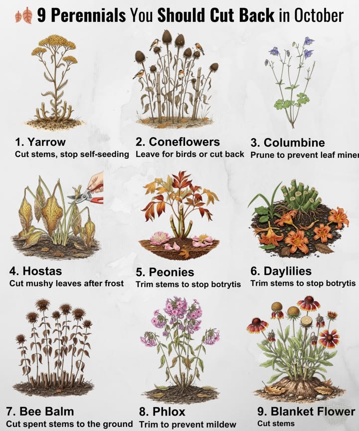 Keeping perennials tidy now helps prevent pests, diseases, and messy beds later:

 Yarrow  Cut stems to stop self-seeding.
 Coneflowers  Leave for birds or cut back.
 Columbine  Prune to prevent leaf miners.
 Hostas  Remove mushy leaves after frost.
 Peonies  Trim stems to stop botrytis.
 Daylilies  Cut back to prevent rot.
 Bee Balm  Remove spent stems at ground level.
 Phlox  Trim to prevent powdery mildew.
 Blanket Flower  Cut stems after bloom.

 Time to give them a trim  healthier growth next spring!