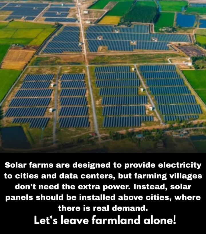 Clean energy is vital  but not at the cost of our nourishing land 

 Solar farms are increasingly occupying fertile agricultural soil, reducing the space available for growing crops.
 This expansion is endangering small farms and rural heritage.
 Additional electricity is most needed in urban areas and data centers, not in farming villages.
 Solar panels are finding their rightful place on rooftops, parking lots, and urban infrastructure.

 Renewable energy must be harmonized with the protection of agricultural land. Preserving the soil means preserving the future.