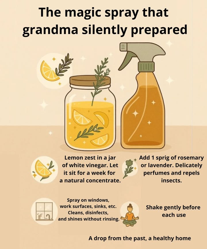 林 The magic spray that grandma silently prepared 

A homemade, natural, and effective recipe to clean and perfume your home without harsh chemicals.

 Ingredients and preparation:

 Place lemon peels in a jar with white vinegar
 Let it sit for 1 week to obtain a natural concentrate

 Add a sprig of rosemary or lavender
 Provides a delicate aroma and helps repel insects

 Pour the mixture into a spray bottle
犯 Use it on glass, countertops, and sinks
 Cleans, disinfects, and leaves a shine without rinsing

 Shake gently before each use
 A drop of tradition for a healthy home See less