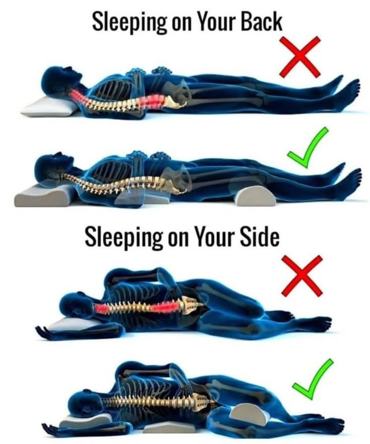Sleep Smart: Fix Your Posture While You Rest 
 Sleeping on Your Back  The WRONG Way
 No support under knees
 Spine curves unnaturally
 Causes lower back pain

 Correct Back Sleeping
 Place a pillow under your knees
 Use a supportive neck pillow
 Keeps spine aligned and reduces tension

 Sleeping on Your Side  The WRONG Way
 Shoulder pressure
 Misaligned spine
 Hip strain

 Correct Side Sleeping
 Place a pillow between your knees
 Support neck and shoulders with a good pillow
 Promotes perfect spinal alignment