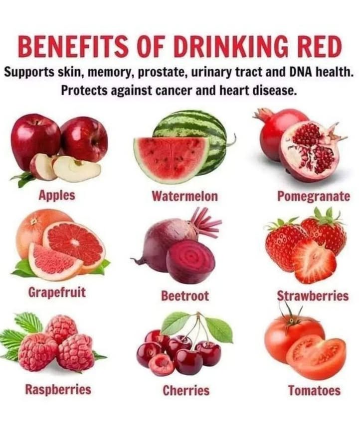 Benefits of Drinking Red  Support your body naturally with the power of red fruits & veggies!

 What Drinking Red Can Do for You:
Glowing Skin

Sharp Memory

Healthy Prostate

Clean Urinary Tract

Strong DNA Health

Cancer Prevention

Heart Disease Protection

 Top Red Foods to Include:
 Apples
Rich in fiber and antioxidants. Great for digestion and heart health.

 Watermelon
Hydrating and refreshing, packed with lycopene and vitamin C.

 Pomegranate
Loaded with antioxidants that support heart and brain health.

 Grapefruit
Boosts metabolism, supports immune health, and is full of vitamin C.

塞 Beetroot
Enhances blood flow, lowers blood pressure, and improves stamina.

 Strawberries
Antioxidant-rich, supports glowing skin and reduces inflammation.

 Raspberries
High in fiber and vitamin Cgreat for digestion and immune support.

 Cherries
Helps with sleep, reduces inflammation, and supports recovery.

 Tomatoes
Rich in lycopene, a powerful antioxidant for heart and skin health.

 TIP: Try blending these into smoothies, juices, or enjoying them fresh in your daily meals!