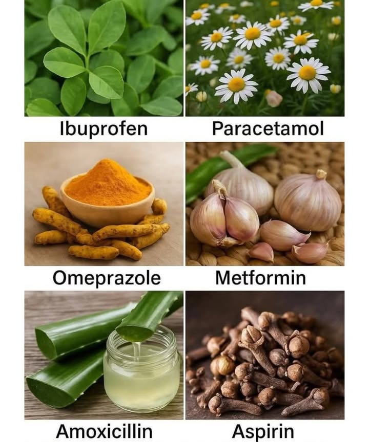6 Natural Alternatives to Popular Medicines You Need to Know! 
 1. Fenugreek = Natural Ibuprofen

 Helps reduce pain & inflammation
易 May also support blood sugar balance

 2. Chamomile = Natural Paracetamol

 Eases fever & pain
 Sip before bed for calm and headache relief

 3. Turmeric = Natural Omeprazole

 Fights acid reflux & indigestion
拏 Try golden milk for gut health

龍 4. Garlic = Natural Metformin

喝 Supports blood sugar control
 Great for heart health too

 5. Aloe Vera = Natural Amoxicillin

林 Soothes burns, cuts, and infections
 Use fresh aloe gel from the leaf

 6. Cloves = Natural Aspirin

醴 Relieves toothaches & headaches
離 Contains pain-relieving eugenol

 Note: These are supportive natural remediesnot replacements for prescribed meds. Always talk to your doctor first!