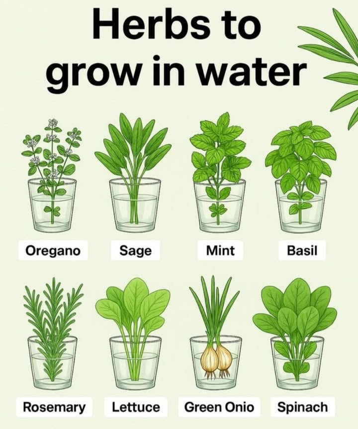 Herbs You Can Easily Grow in Water 
1. Oregano 

Oregano is a must-have herb for any kitchen. Its easy to grow in water and adds delicious flavor to your dishes!

2. Sage 

Sage thrives in water and provides a warm, savory flavor perfect for fall recipes. Its aromatic leaves are a great addition to any meal.

3. Mint 

Mint grows quickly in water and is perfect for tea, desserts, or as a garnish for any dish. Its a refreshing addition to your herb collection!

4. Basil 

Basil is a staple herb that loves growing in water! Its ideal for pesto, salads, or Italian dishes. Just snip off the stems and place them in water to root.

5. Rosemary 

This fragrant herb is easy to grow in water and adds depth to any dish. Keep it near your kitchen window for easy access.

6. Lettuce 塞

Lettuce is one of the simplest plants to grow in water. It will give you fresh greens all year round for salads and sandwiches.

7. Green Onion 暈

Green onions are perfect for growing in water. Simply place the roots in water, and they will regrow, providing fresh onions all the time!

8. Spinach 

Spinach can be grown in water too! Its perfect for smoothies, salads, or cooking. Watch it grow and enjoy fresh spinach whenever you need it.
