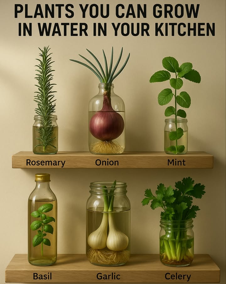 Plants You Can Grow in Water in Your Kitchen
1. Rosemary
Rosemary is a hardy herb that thrives in water. Take a cutting from a mature plant and place the stem in a jar of water. Make sure the bottom leaves are removed to prevent rotting. Within a few weeks, roots will develop, making it ready for use in cooking or transferring to soil if desired.

2. Onion
Onions are one of the easiest vegetables to regrow. Place the bottom of a used onion bulb in a jar with just enough water to cover the roots. Keep it in a sunny spot, and new green shoots will start to sprout. You can trim and use the greens as needed.

3. Mint
Mint grows rapidly in water. Cut a few stems from a healthy plant and submerge the lower part in water. Mint loves sunlight, so keep it near a window. It will soon grow lush and fragrant, perfect for tea, salads, and garnishes.

4. Basil
Basil is another herb that roots well in water. Take a fresh cutting and place it in a clear bottle or jar filled with water. Change the water every few days to prevent mold and ensure the roots stay healthy. Once rooted, it can be used for pasta, sauces, and salads.

5. Garlic
You can grow garlic greens by placing cloves in water. Submerge the bottom of garlic bulbs just enough to cover the roots. In a week or two, youll see green shoots emerge, which can be snipped and used like chives.

6. Celery
Regrowing celery is simple. Cut the base off a bunch and place it in a shallow jar of water, root-side down. Keep the container in a well-lit area. New stalks and leaves will sprout from the center, giving you a continuous supply of fresh celery greens.

Tips for Success:
Change the water every few days to keep it fresh and oxygenated.

Use glass containers so you can monitor root growth and cleanliness.

Place jars in indirect sunlight to promote healthy growth without burning delicate leaves.

Trim regularly to encourage new growth and prevent legginess.

With a few simple steps, you can have a small indoor herb and veggie garden all year roundno soil required!