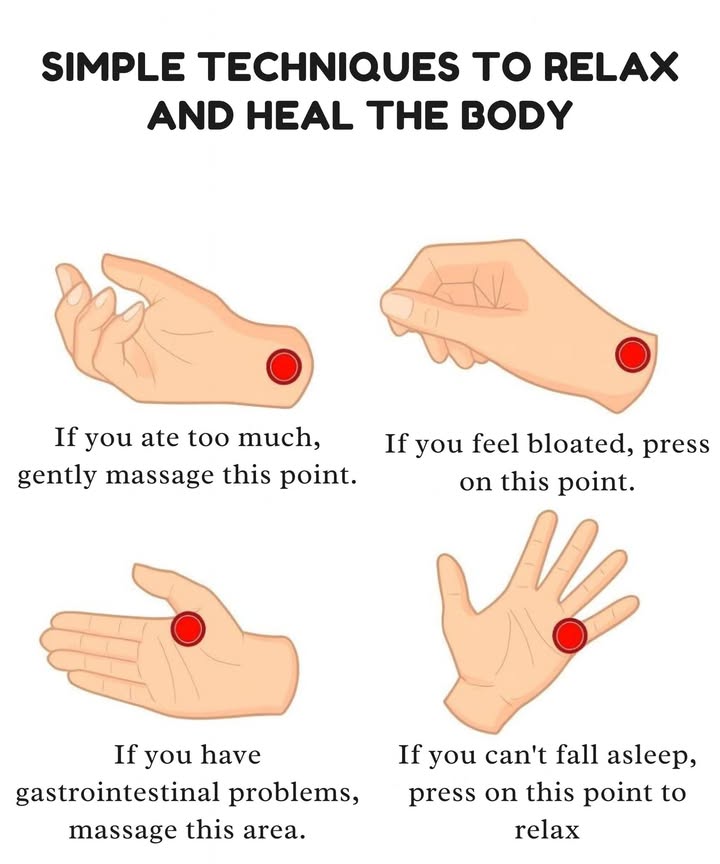 Simple techniques to relax and heal the body 

 Applying pressure to key points on the hands can promote well-being and relieve everyday discomforts.

 Massaging a specific point helps reduce the feeling of heaviness after eating.
 Pressing another point can relieve bloating and improve digestion.
 Gently working certain areas of the palm promotes gastrointestinal health.
 Stimulating a point near the base of the fingers helps relax the body and promote better sleep.

 A simple and natural practice that brings calm and balance to the body.