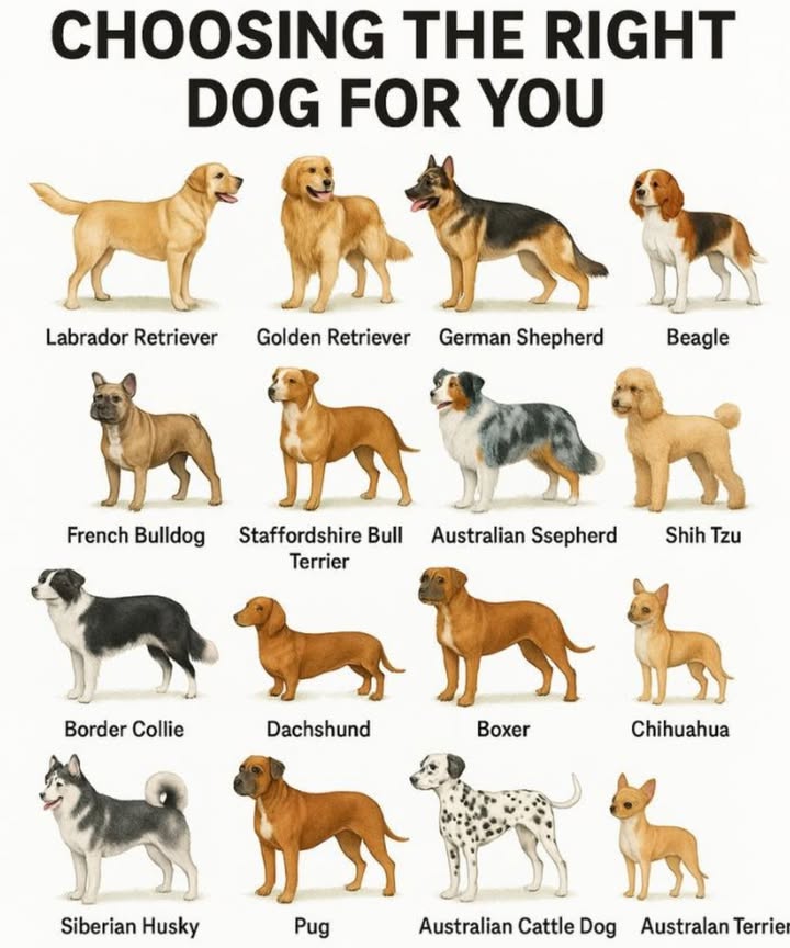 Choosing the Right Dog for You 
1. Labrador Retriever  Friendly, loyal, and great with families.

2. Golden Retriever  Gentle, loving, and wonderful with kids.

3.  German Shepherd  Intelligent, protective, and highly trainable.

4. Beagle  Playful, curious, and full of energy.

5. French Bulldog  Low-maintenance, affectionate, and perfect for small spaces.

6. Staffordshire Bull Terrier  Courageous, loyal, and family-oriented.

7. Australian Shepherd  Active, smart, and best for outdoorsy owners.

8. Shih Tzu  Sweet, cuddly, and great for apartment living.

9. Border Collie  Extremely intelligent and full of energy.

10. Dachshund  Brave, playful, and small in size.

11. Boxer  Fun-loving, strong, and protective.

12. Chihuahua  Tiny but confident, loves attention.

13. Siberian Husky  Beautiful, adventurous, and needs lots of exercise.

14. Pug  Charming, playful, and loves companionship.

15. Australian Cattle Dog  Hardworking, loyal, and energetic.

16. Australian Terrier  Small, bold, and full of personality.

 Tips for Choosing Your Dog

 Consider your living space apartment vs. house with yard.
 Match the dogs energy level to your lifestyle.
 Think about grooming & care needs.
 Choose a breed that fits your family & activity level.

 Whether you want a playful companion, a protective guardian, or a cuddly lap dog, theres a perfect breed waiting for you!