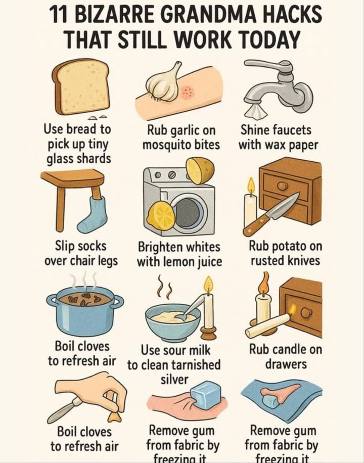 11 Bizarre Grandma Hacks That Still Work Today 狀
 1. Use bread to pick up tiny glass shards
Soft bread traps sharp bits easily and safely  no broom required.

龍 2. Rub garlic on mosquito bites
Garlics natural anti-inflammatory properties help soothe itching fast.

 3. Shine faucets with wax paper
Rub wax paper on metal to remove water spots and add a glossy finish.

罹 4. Slip socks over chair legs
A gentle way to protect your floors from scratches and scuffs.

 5. Brighten whites with lemon juice
Add lemon juice to your wash for naturally whiter, fresher-smelling laundry.

凜 6. Rub a potato on rusted knives
Potato starch reacts with rust, helping lift it off metal surfaces.

 7. Boil cloves to refresh air
Simmer cloves in water for a cozy, natural home fragrance.

拏 8. Use sour milk to clean tarnished silver
The lactic acid gently dissolves tarnish, bringing back the shine.

 9. Rub a candle on drawers
A bit of wax makes sticky drawers slide smoothly again.

流 10. Remove gum from fabric by freezing it
Harden the gum with ice, then chip it off cleanly.

 11. Repeat Grandmas favorite: Boil cloves again!
She knew what she was doing  this simple trick doubles as natural air freshener and mood booster.

 Grandmas hacks may be old, but theyre gold!
Try these time-tested tips and bring a touch of vintage genius into your modern home.