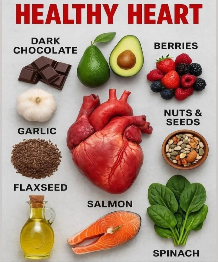 Healthy Heart Foods You Should Add to Your Diet

 Dark Chocolate  Rich in antioxidants that help lower blood pressure and improve circulation.

陋 Avocado  Packed with healthy fats to support heart health and reduce bad cholesterol.

 Berries  Full of vitamins, fiber, and antioxidants to fight inflammation.

龍 Garlic  Helps improve blood flow and reduce blood pressure naturally.

 Nuts & Seeds  Provide essential omega-3s, fiber, and protein for a strong heart.

 Flaxseed  Loaded with omega-3 fatty acids to lower cholesterol levels.

㮝 Olive Oil  A heart-friendly fat that supports healthy arteries.

 Salmon  Rich in omega-3s to prevent heart disease and support healthy rhythm.

 Spinach  High in potassium, folate, and magnesium to maintain healthy blood pressure.