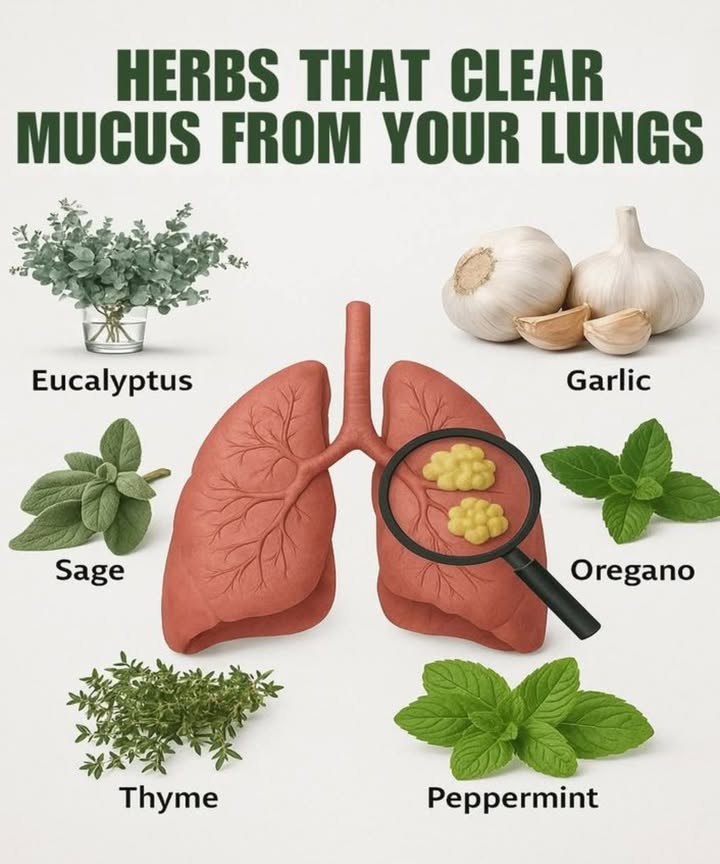Herbs That Help Clear Mucus From Your Lungs Naturally 
 1. Eucalyptus

Known for its refreshing scent, eucalyptus contains cineole, a compound that helps loosen mucus and soothe irritated airways. Inhale steam with eucalyptus oil for instant relief!

龍 2. Garlic

Garlic is a natural antibacterial and antiviral powerhouse. It boosts immunity and helps the body break down excess mucus while fighting respiratory infections.

 3. Oregano

Oregano isnt just for cooking! Its rich in carvacrol and thymol, compounds that help fight bacteria and reduce phlegm buildup in your lungs.

 4. Sage

Sage tea or steam inhalation can ease throat irritation and help detox your respiratory system, especially during cold or allergy seasons.

 5. Thyme

Thyme has powerful antimicrobial and expectorant properties, which means it helps expel mucus and calm coughing fits naturally.

 6. Peppermint

Peppermints menthol acts as a natural decongestant, soothing your throat and helping open up the airways for easier breathing.

 How to Use These Herbs

Brew them into herbal teas 

Add them to steam inhalations 

Mix into your daily meals for added wellness 

 Breathe easier, naturally!
Incorporate these herbs into your routine and give your lungs the gentle detox they deserve.
