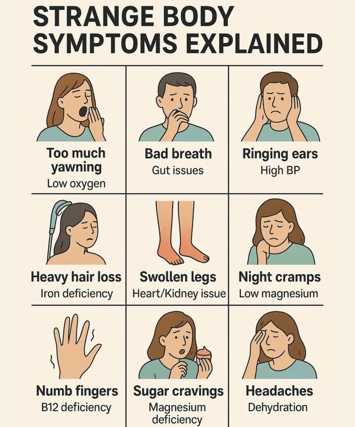 喙 STRANGE BODY SYMPTOMS EXPLAINED  What Your Body Might Be Telling You

Your body gives subtle signals when somethings off  and learning to read them can help you prevent bigger health issues. Heres what some of those strange symptoms could mean 

 Too much yawning: Low oxygen levels  your body might be asking for more deep breathing or fresh air.

 Bad breath: Could be linked to gut issues  a sign your digestion needs attention.

 Ringing ears: Often connected to high blood pressure  time to check your BP.

 Heavy hair loss: May point to an iron deficiency  add more leafy greens or iron-rich foods.

例 Swollen legs: Can be a sign of heart or kidney issues  dont ignore persistent swelling.

 Night cramps: Usually caused by low magnesium  bananas, nuts, or dark chocolate can help.

爐 Numb fingers: A common sign of vitamin B12 deficiency  often fixed with diet or supplements.

 Sugar cravings: Could mean low magnesium  your bodys clever way of asking for minerals, not sugar.

洛 Headaches: Sometimes just dehydration  drink more water before reaching for medication.

 Listen to your body  its smarter than you think.
A few small lifestyle tweaks can make a big difference in how you feel every day.