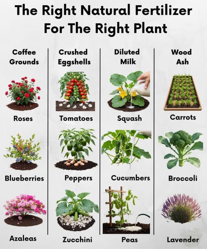 The Right Natural Fertilizer for Each Plant 復

Give your garden the nutrients it loves with these natural boosters:

 Coffee Grounds

Roses 

Blueberries 𢡄

Azaleas 

讀 Crushed Eggshells

Tomatoes 

Peppers 

Zucchini 勒

拏 Diluted Milk

Squash 

Cucumbers 勒

Peas 

 Wood Ash

Carrots 凌

Broccoli 復

Lavender 

 Tip: Natural fertilizers enrich soil, boost plant health, and are eco-friendly! 

Grow happy plants the natural way .