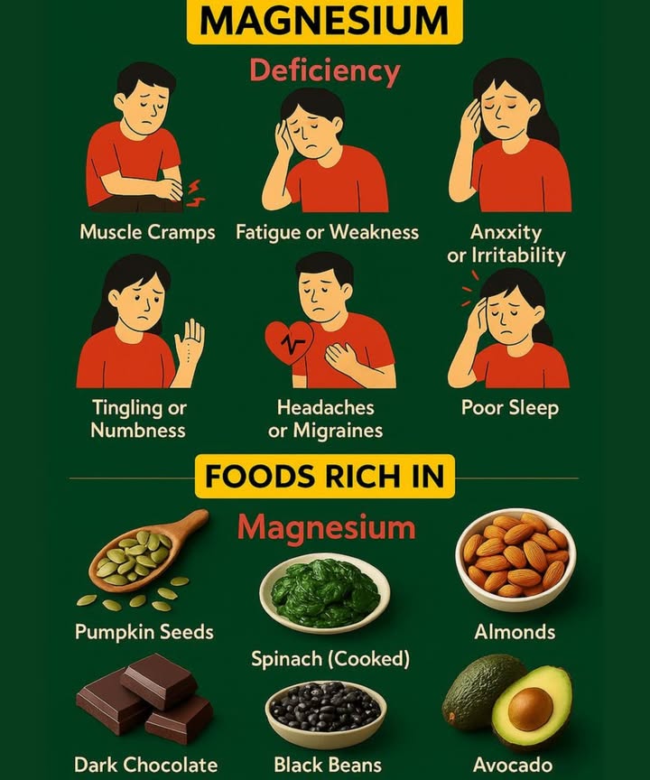 Magnesium: The Mighty Mineral Your Body Needs
 Signs of Magnesium Deficiency

 Muscle cramps or spasms

 Fatigue and general weakness

 Anxiety or irritability

 Tingling or numbness in hands and feet

洛 Headaches or migraines

 Poor sleep or restless nights

Even mild deficiency can affect your mood, energy, and overall wellbeing.

陋 Foods Rich in Magnesium

Add these powerhouse foods to your diet to restore balance naturally:

 Pumpkin seeds  small but mighty magnesium boosters

 Cooked spinach  nutrient-packed and easy to add to any meal

 Dark chocolate  a delicious way to boost your levels

樂 Almonds  perfect for snacking or adding crunch to salads

齃 Black beans  great for soups, burritos, and bowls

陋 Avocado  creamy, heart-healthy, and magnesium-rich

 A magnesium-rich diet can help you sleep better, stress less, and feel more energized every day!