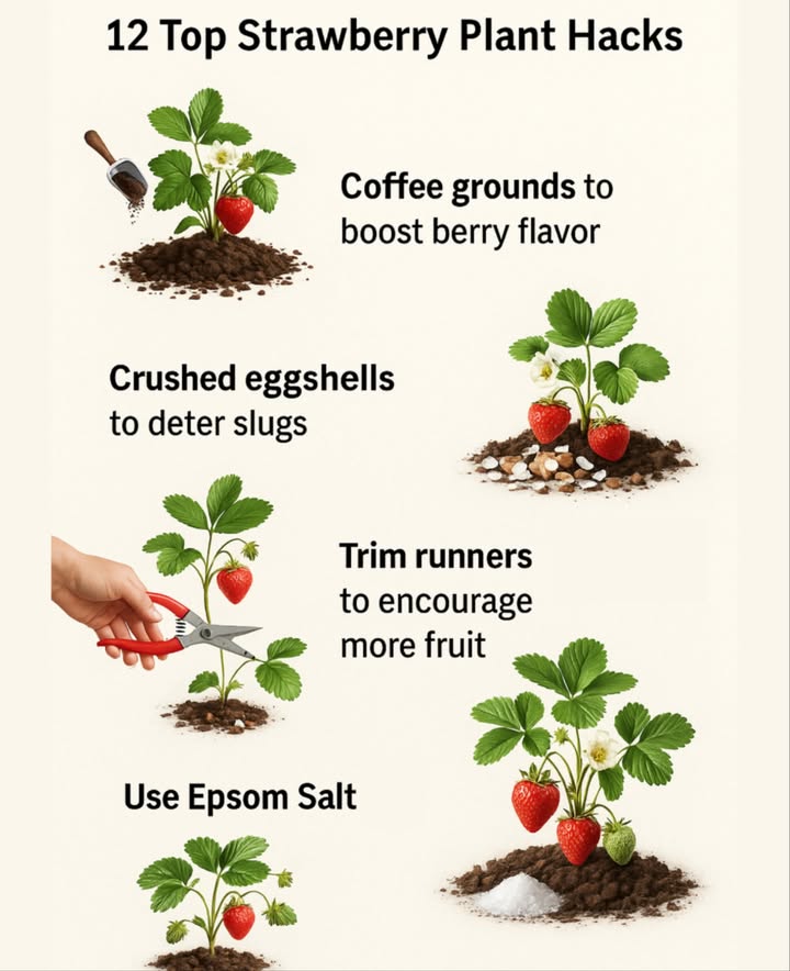12 Top Strawberry Plant Hacks for Juicy, Flavorful Berries
1. Add coffee grounds  Boost flavor with a sprinkle around the plant.

2. Use crushed eggshells  Deter slugs naturally by scattering them at the base.

3. Trim runners  Cut off side shoots to help plants focus on fruiting.

4. Apply Epsom salt  Mix 1 tbsp in a gallon of water to support healthy growth.

5. Mulch with straw  Keeps berries clean and prevents rot.

6. Plant in full sun  At least 68 hours of sun = sweeter berries.

7. Use raised beds or containers  Improves drainage and reduces disease.

8. Fertilize after harvest  Replenish nutrients for next seasons crop.

9. Rotate planting spots  Helps avoid pests and soil diseases.

10. Cover with netting  Protects ripening berries from birds.

11. Water early in the day  Prevents fungal diseases and keeps plants hydrated.

12. Pinch first-year flowers  Encourages strong root growth and future yields.