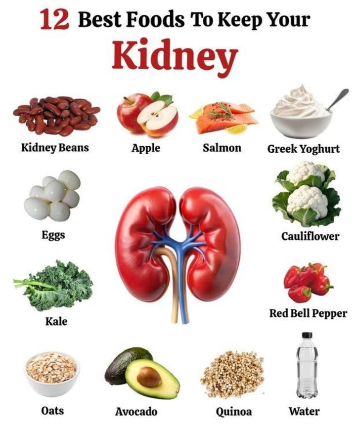 李 12 Best Foods to Keep Your Kidneys Healthy
齃 1. Kidney Beans  High in fiber, great for kidney function
 2. Apples  Detox-friendly and anti-inflammatory
 3. Salmon  Omega-3s to reduce kidney inflammation
 4. Greek Yogurt  Protein-packed, low sodium
讀 5. Eggs  Egg whites = gentle protein for kidneys
復 6. Cauliflower  Detox veggie rich in fiber & vitamins
塞 7. Kale  Antioxidant-rich leafy green
 8. Red Bell Peppers  Low potassium, high in vitamins
北 9. Oats  Heart-healthy and kidney-supportive
陋 10. Avocado  Healthy fat in moderation
 11. Quinoa  Protein-packed grain alternative
 12. Water  Essential for flushing toxins

 Final Tip:
Stay hydrated and eat fresh, whole foods to keep your kidneys happy and healthy!