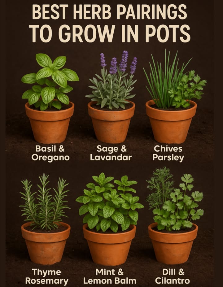 Best Herb Pairings to Grow in Pots: A Compact Guide for Flavor and Convenience
 1. Basil & Oregano
Love warmth and sun

Need moist, well-drained soil

Great for Italian dishes
Tip: Pinch basil flowers to grow more leaves.

 2. Sage & Lavender
Like dry soil and full sun

Lavender repels pests
Use: Sage for savory meals, lavender for teas and desserts.

 3. Chives & Parsley
Prefer cooler temps and moisture

Chives deter aphids
Tip: Cut chives low to regrow fast.

 4. Thyme & Rosemary
Thrive in dry soil and sunshine

Low-maintenance, drought-tolerant
Pro Tip: Trim rosemary often to avoid woodiness.

 5. Mint & Lemon Balm
Grow fast in rich, moist soil

Best in partial shade
Tip: Keep them in the same potthey spread quickly!

 6. Dill & Cilantro
Like cool weather and regular water

Grow fast and can be replanted
Bonus: Dill attracts good bugs like ladybugs.

Quick Final Tip:
Group herbs by similar needs. Youll grow a thriving, easy-care mini garden full of flavor!