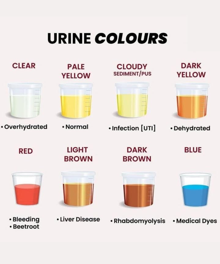 What Your Urine Color Is Telling You  A Health Check Guide
 CLEAR
 Overhydrated
Too much water isnt always better. If your urine is totally clear, ease up on the H2O a bit.

 PALE YELLOW
 Normal
Perfect balance. Youre hydrated and healthy! Keep doing what youre doing. 

 CLOUDY With Sediment/Pus
 Possible UTI or Infection
Cloudy or murky? Could be an infection. Time to call your doctor. 

 DARK YELLOW
 Dehydrated
Drink up! Your bodys begging for water. 磻

 RED
 Possible Bleeding or Beetroot
Red can signal blood in your urine   or maybe you had beets recently. Either way, if youre unsure, check it out!

 LIGHT BROWN
 Liver Disease Warning
Could be a sign of liver trouble. Dont ignore this shade  its worth a medical look.

隣 DARK BROWN
 Rhabdomyolysis
This serious condition involves muscle breakdown. Seek urgent care if this color appears.

 BLUE
 Medical Dyes
Rare, but sometimes linked to medications or diagnostic dyes. If unexpected, mention it to your provider.

易 Final Thoughts:
Urine might not be glamorous, but its one of the best natural health indicators you have.