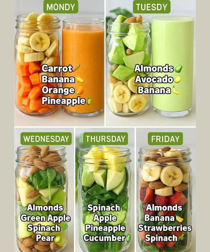 磻 5-Day Healthy Smoothie Plan for Energy & Glow! 

 Why Pre-Make Smoothie Jars?
 Saves time on busy mornings
 Ensures healthy choices every day
 Easy way to boost fruits, veggies & fiber
 Keeps you energized and glowing!

 Smoothie Schedule MondayFriday
 MONDAY: Carrot Citrus Boost
凌 Carrot

 Banana

 Orange

 Pineapple
李 A vibrant, immunity-boosting mix rich in beta-carotene and Vitamin C!

陋 TUESDAY: Creamy Green Energizer
 Almonds

陋 Avocado

 Banana
 Smooth, creamy, and packed with healthy fats for energy and skin health.

 WEDNESDAY: Green & Fresh Detox
 Almonds

 Green Apple

 Spinach

 Pear
 A refreshing, fiber-filled blend to keep digestion happy and energy steady.

 THURSDAY: Tropical Green Refresher
 Spinach

 Apple

 Pineapple

勒 Cucumber
 Light and hydrating with anti-inflammatory benefits  perfect for midweek recovery.

 FRIDAY: Sweet & Strong Finish
 Almonds

 Banana

 Strawberries

 Spinach
 A fruity, protein-packed combo to end the week strong and satisfy sweet cravings!

 How to Use These Smoothie Jars
Prep in Advance: Add ingredients to jars and refrigerate or freeze.

Blend When Ready: Just add water, plant milk, or coconut water and blend.

Customize: Want more protein? Add chia seeds, flaxseed, or a scoop of your favorite powder!

 Pro Tips for Smoothie Success
 Use frozen fruit for an extra creamy texture
 Soak almonds overnight for better blending
 Add ice for a chill, refreshing vibe
 Clean your blender right after use!