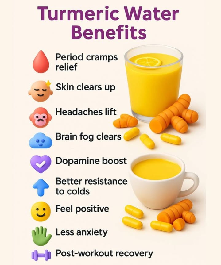 Turmeric Water: The Golden Drink with Amazing Benefits 
A simple glass of turmeric water can do wonders for your body and mind.  This golden elixir is packed with curcumin  a natural compound known for its healing, anti-inflammatory, and mood-boosting powers.

Heres why youll love starting your day with it:

 Relieves Period Cramps  Turmerics natural anti-inflammatory properties help ease menstrual pain and discomfort.

 Clears Up Skin  Its antibacterial and antioxidant effects promote a healthy, glowing complexion.

 Lifts Headaches  Say goodbye to tension headaches and inflammation-induced pain.

易 Clears Brain Fog  Improves focus and mental clarity by reducing oxidative stress.

 Boosts Dopamine  Enhances mood and supports emotional balance naturally.

𥳐 Builds Resistance to Colds  Strengthens your immune system and keeps seasonal bugs at bay.

 Promotes Positivity  A brighter mood starts with a healthy gut and balanced hormones.

 Reduces Anxiety  Calms your mind with natural stress-relieving effects.

 Aids Post-Workout Recovery  Helps muscles heal faster and reduces soreness.

 Tip: Mix  teaspoon of turmeric powder with warm water and a squeeze of lemon. Add a pinch of black pepper to boost absorption  and sip daily for best results.