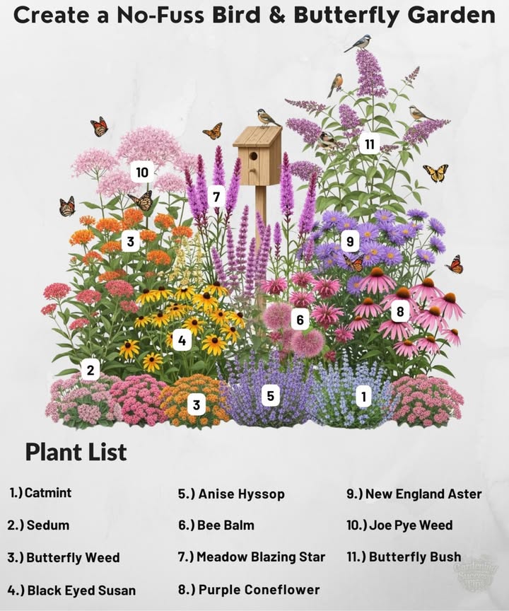Plant these pollinator-friendly perennials to attract butterflies, bees, and birds year after year:
1. Catmint Zones 38  Loved by bees.
2. Sedum Zones 39  Late-season nectar for butterflies.
3. Butterfly Weed Zones 39  Monarch host plant.
4. Black-Eyed Susan Zones 39  Bright daisies for butterflies & birds.
5. Anise Hyssop Zones 49  Bees adore its blooms.
6. Bee Balm Zones 49  Hummingbird favorite.
7. Meadow Blazing Star Zones 38  Attracts Monarchs.
8. Purple Coneflower Zones 39  Nectar for pollinators, seeds for finches.
9. New England Aster Zones 48  Fall nectar source.
10. Joe Pye Weed Zones 49  Buzzing with butterflies.
11. Butterfly Bush Zones 59  Fragrant clusters for butterflies.

 Plant these together and youll have a thriving, colorful sanctuary for wildlife with very little maintenance.
