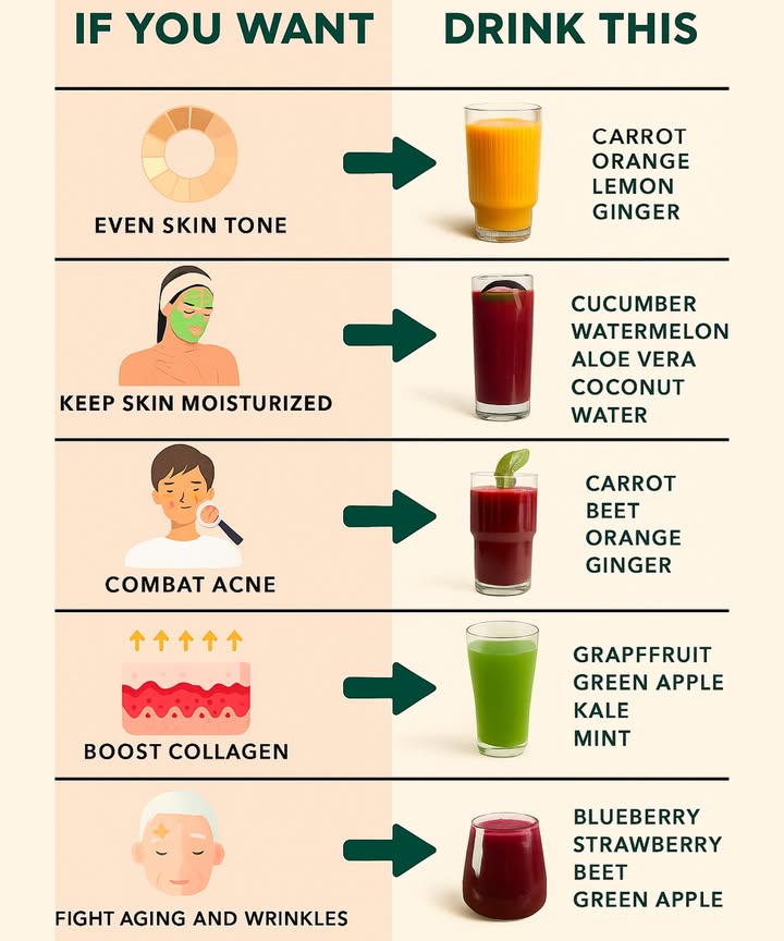 Drinks for Glowing, Youthful Skin 

 Even Skin Tone

Carrot 凌 rich in beta-carotene for natural glow

Orange  Vitamin C for brightness

Lemon  detox & clear skin

Ginger  anti-inflammatory boost

 Keep Skin Moisturized

Cucumber 勒 hydrates from within

Watermelon  water-rich fruit for plump skin

Aloe Vera  soothes & locks in moisture

Coconut Water 便 natural electrolyte hydrator

 Combat Acne

Carrot 凌 skin-healing vitamins

Beet  blood purifier

Orange  Vitamin C fights breakouts

Ginger  reduces skin inflammation

 Boost Collagen

Grapefruit  supports collagen production

Green Apple  antioxidants & hydration

Kale 塞 rich in Vitamin K & minerals

Mint  refreshing detox

 Fight Aging & Wrinkles

Blueberry 𢡄 antioxidants to fight free radicals

Strawberry  Vitamin C for firmness

Beet  improves circulation

Green Apple  hydrates & brightens skin