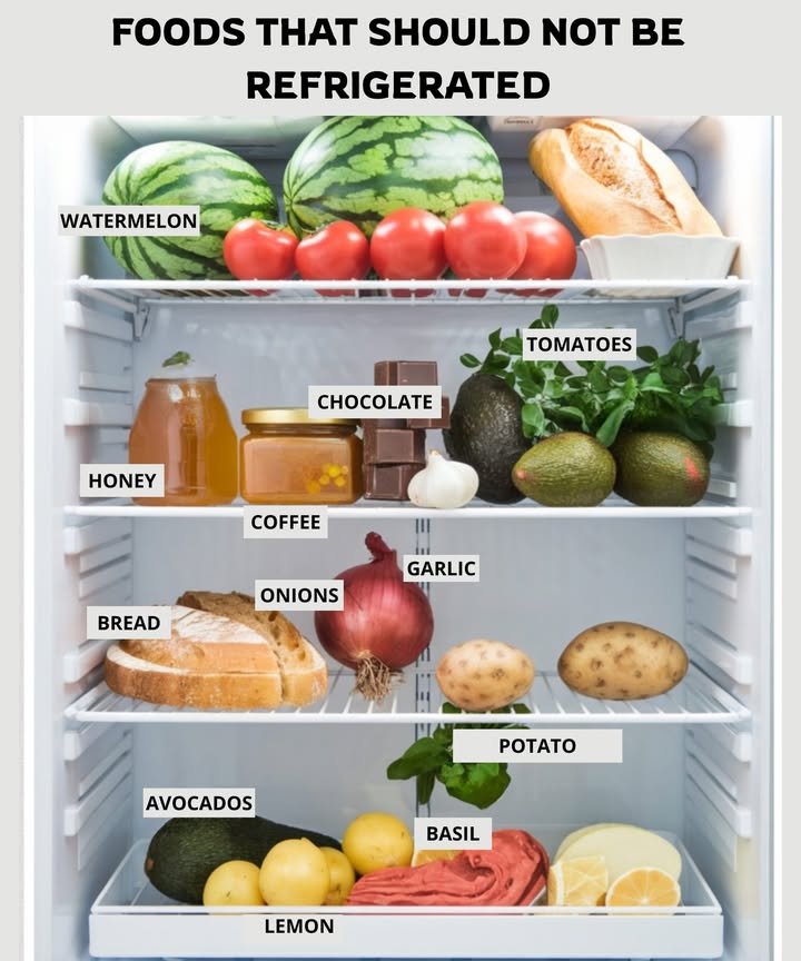 略 Foods to Never Refrigerate 
Some foods lose their flavor, texture, or quality when cold. Store at room temperature to fully enjoy them!

 Fruits and Vegetables Sensitive to Cold
 Bananas: turn black and stop ripening
 Avocados: the cold slows their ripening
 Tomatoes: lose their flavor and become floury
 Onions: soften and mold
 Garlic: becomes rubbery and sprouts quickly
 Potatoes & Sweet Potatoes: starch turns into sugar
 Squash & Pumpkins: best kept cool, but not refrigerated

 Bread and Baked Goods
 Bread: hardens and dries out faster in the refrigerator
 Tip: Store in a cloth bag or freeze if needed

 Products that crystallize or change in the cold
 Honey: solidifies, loses its fluid texture
 Oils olive, coconut, etc.: solidify and change consistency
 Coffee bean or ground: absorbs moisture and odors

 Tropical fruits: protect from the cold
 Pineapple: loses flavor and ferments faster
 Mangoes: ripen outside the refrigerator
 Papayas: texture and taste are altered
 Watermelon and melon whole: lose their antioxidants if refrigerated before cutting

樂 Dried fruits and spices
 Nuts and seeds: go rancid faster in the humidity of the refrigerator
 Ground spices: lose their aroma and potency by absorbing moisture

 Proper natural storage preserves flavors and benefits for longer.