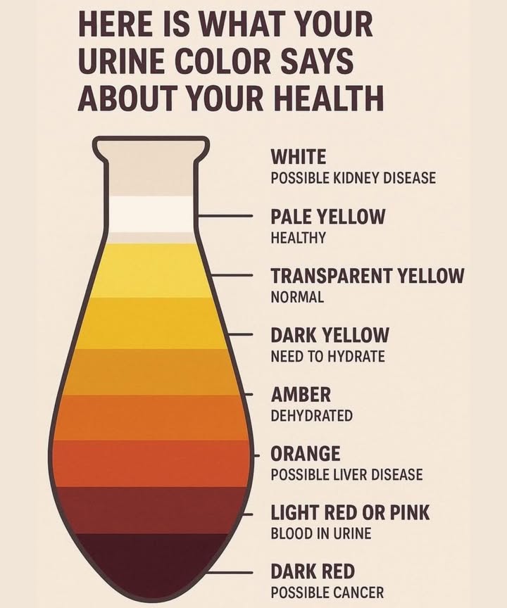 What Your Urine Color Says About Your Health
SsYour body often gives subtle signs about your health  and one of the easiest to check is your urine color. Heres what each shade might be telling you 

懶 White: Possible kidney issues  consult your doctor if it persists.
 Pale Yellow: Perfect! Youre well-hydrated and healthy.
 Transparent Yellow: Normal  keep up your hydration.
 Dark Yellow: Time to drink more water! Youre slightly dehydrated.
 Amber: Youre dehydrated  increase your fluid intake.
 Orange: Could indicate liver or bile duct problems.
 Light Red or Pink: May contain blood  seek medical advice.
喝 Dark Red: Possible sign of serious illness such as cancer  get checked immediately.

 Tip: Aim for pale yellow urine  its the best sign your body is balanced and hydrated!
