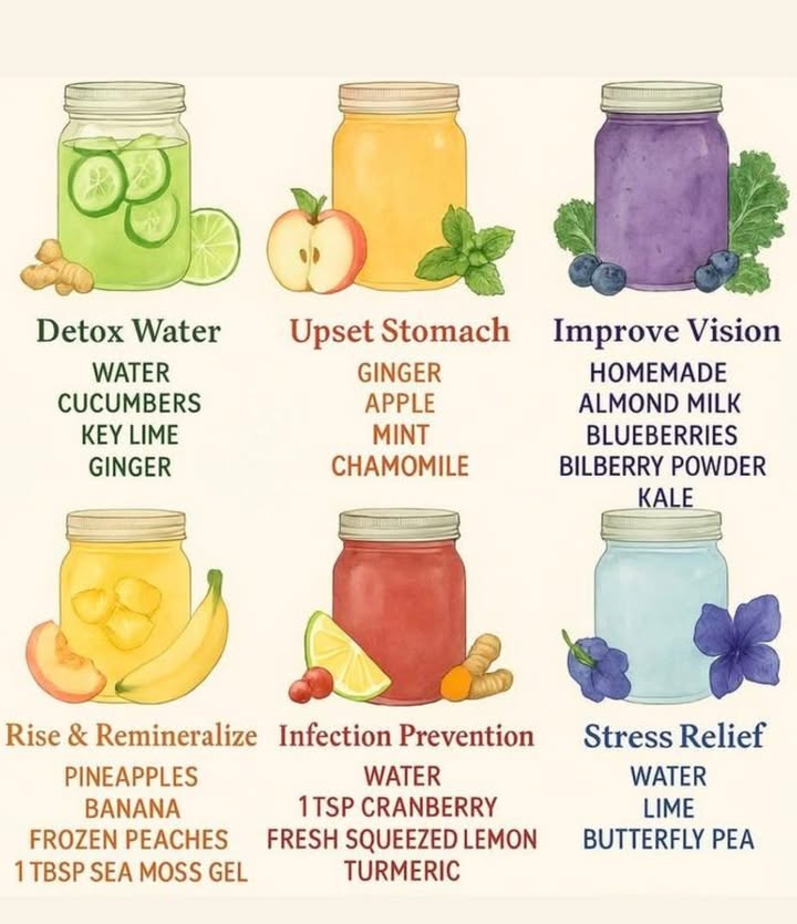 6 Natural Drink Recipes to Boost Your Health
1. Detox Water
Give your body a refreshing cleanse with this simple mix:

Ingredients: Water, cucumbers, key lime, and ginger

Benefits: Helps flush out toxins, hydrates your system, and supports digestion.

2. Upset Stomach Soother
Calm your stomach naturally with this soothing drink:

Ingredients: Ginger, apple, mint, and chamomile

Benefits: Eases nausea, aids digestion, and reduces bloating.

3. Vision Booster
Protect and improve your eye health with a nutrient-packed smoothie:

Ingredients: Homemade almond milk, blueberries, bilberry powder, and kale

Benefits: Rich in antioxidants and vitamins that support healthy vision.

4. Rise & Remineralize
Kickstart your day with a fruity, mineral-rich blend:

Ingredients: Pineapples, banana, frozen peaches, and 1 tablespoon of sea moss gel

Benefits: Restores essential minerals, boosts energy, and strengthens the immune system.

5. Infection Prevention Drink
Strengthen your bodys defenses with this powerful anti-inflammatory mix:

Ingredients: Water, 1 teaspoon cranberry, fresh-squeezed lemon, and turmeric

Benefits: Fights infection, reduces inflammation, and boosts your immune health.

6. Stress Relief Tea
Relax and unwind with this calming, colorful beverage:

Ingredients: Water, lime, and butterfly pea flowers

Benefits: Reduces stress, promotes relaxation, and supports mental clarity.

Conclusion:
Nature offers everything we need to stay strong, energized, and balanced. These easy-to-make drinks not only taste great but also give your body the gentle care it deserves. Try incorporating one or a few! into your daily routine and feel the difference!