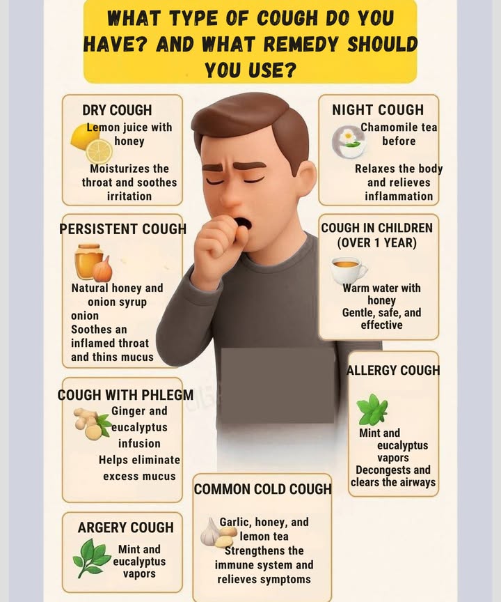 Types of Coughs and Effective Natural Remedies 

Each type of cough has a different cause and requires specific care. Natural remedies can relieve symptoms and promote recovery:

 Dry cough: Lemon juice with honey to moisturize the throat and soothe irritation.
 Persistent cough: Natural honey and onion syrup, ideal for soothing a sore throat.
 Chesty cough: Ginger and eucalyptus infusion to remove excess mucus.
 Nighttime cough: Chamomile tea before bed, which relaxes and reduces inflammation.
 Cough in children over 1 year: Warm water with honey, a safe and gentle method.
 Allergy cough: Mint and eucalyptus vapors to decongest the airways.
 Irritation-related cough: Inhalations with mint and eucalyptus to soothe the throat.
龍 Common cold cough: Garlic, honey, and lemon tea to strengthen the immune system.

 Taking care of your health naturally is possible with simple and effective ingredients.