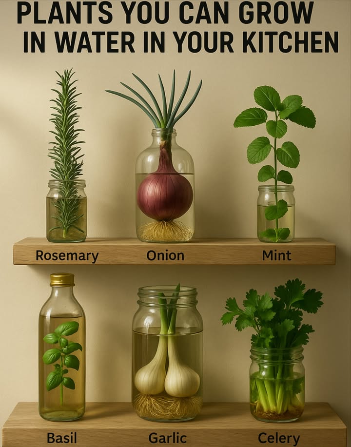 Plants You Can Grow in Water in Your Kitchen 

 Rosemary  Cuttings root easily in water.

暈 Onion  Regrow bulbs for fresh green shoots.

 Mint  Fast-growing, loves sunlight in a jar.

 Basil  Root cuttings in water, change water often.

龍 Garlic  Cloves sprout tasty green shoots.

塞 Celery  Regrow stalks from the base in water.

 Tips for success:

Change water every few days.

Use glass jars to monitor roots.

Keep in bright, indirect sunlight.

Trim often to encourage fresh growth.

 Enjoy a mini indoor gardenno soil needed!