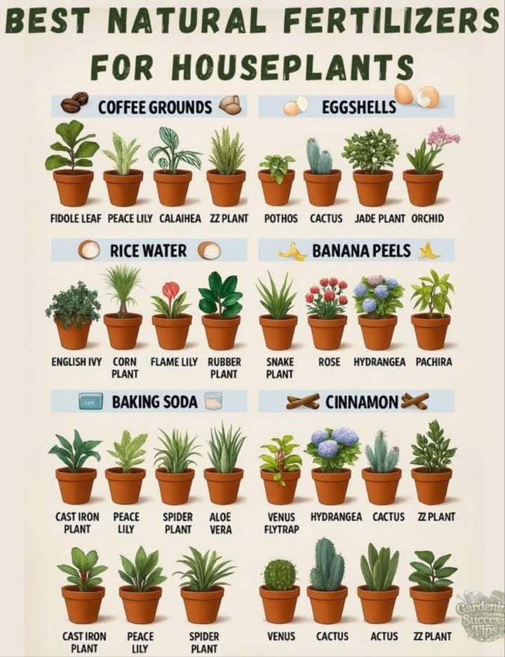 Grow a thriving indoor garden with everyday kitchen items! These natural fertilizers boost specific houseplants safely and sustainably. Use them wisely for healthy, vibrant growth. Heres how:

1. Coffee Grounds: Perfect for fiddle leaf figs, peace lilies, and calatheas. They add a touch of nitrogen and loosen soil. Sprinkle used grounds lightly on topsoil once a month. Less is moretoo much can harm roots.
2. Eggshells: Great for cacti, jade plants, and pothos. Packed with calcium, they strengthen roots. Clean, dry, and crush shells finely, then mix into soil. For orchids? Use sparingly to avoid clogging their bark mix.
3. Banana Peels: A treat for hydrangeas, roses, money trees, and snake plants. Rich in potassium, they spark blooms and vigor. Chop peels and bury them near roots. Simple and effective.
4. Cinnamon: Ideal for cacti, ZZ plants, and spider plants. Its antifungal power helps prevent rot. Dust a thin layer on soil to deter fungi and gnats. Think of it as a protective shield.
5. Baking Soda: Helpful for peace lilies, aloe, and cast iron plantsbut only as a spray. It fights fungal spots like powdery mildew. Mix a pinch with water, spray leaves lightly, and avoid soil to prevent sodium buildup.
6. Rice Water: Use cautiously for rubber plants, corn plants, or ivy. It offers mild nutrients. Dilute water from rinsing rice and apply once a month, max. Overdo it, and soil might get starchy.