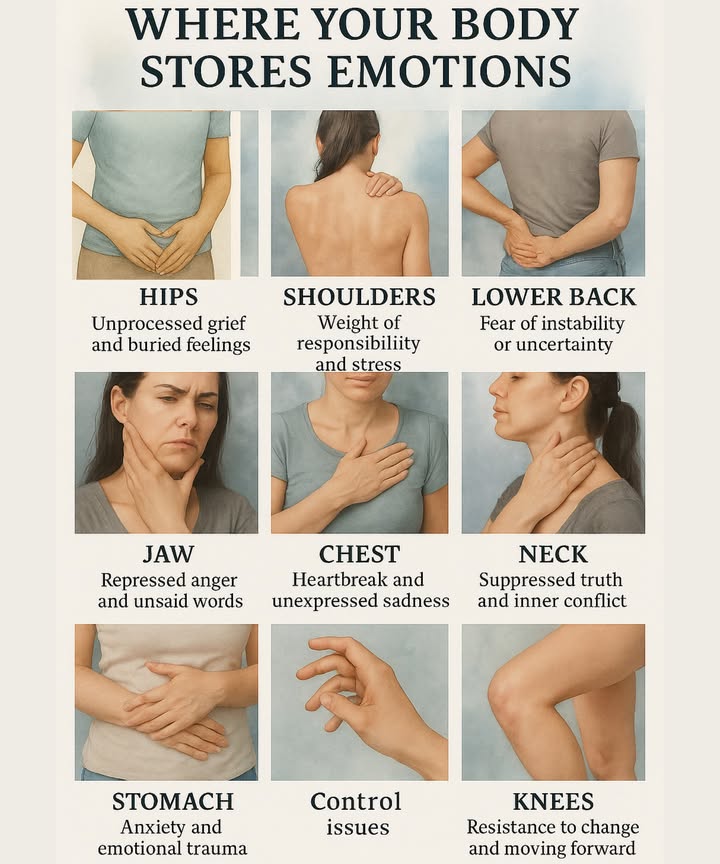 Where Your Body Stores Emotions

1. Hips  Unprocessed Grief & Buried Feelings

Tension in the hips may signal old wounds or grief you havent fully processed. Gentle stretches, hip-opening yoga, or journaling can help release this energy.

2. Shoulders  The Weight of Responsibility & Stress

Shoulder tightness often comes from carrying the world on your shoulders. Practice mindful breathing, and delegate tasks to lighten your emotional load.

3. Lower Back  Fear of Instability or Uncertainty

Lower back pain can relate to financial worries, insecurity, or life changes. Building stabilityemotionally and physicallycan help ease this tension.

4. Jaw  Repressed Anger & Unsaid Words

Clenching your jaw might mean youre holding back words or feelings. Try mindful jaw relaxation, expressive writing, or talking things out safely.

5. Chest  Heartbreak & Unexpressed Sadness

Tightness in the chest may come from grief or loss. Deep breathing, emotional sharing, and heart-opening poses can bring comfort.

6. Neck  Suppressed Truth & Inner Conflict

Neck stiffness may be linked to unspoken truths or feeling stuck in decisions. Practicing honest communication can help.

7. Stomach  Anxiety & Emotional Trauma

Digestive discomfort can sometimes mirror emotional stress or past trauma. Meditation, gentle movement, and a soothing diet can support healing.

8. Hands  Control Issues

Hands represent our ability to handle life. Stiffness or restlessness might mean youre holding on too tightly. Letting go and trusting the process can help.

9. Knees  Resistance to Change & Moving Forward

Knee discomfort may signal stubbornness or fear of change. Cultivating flexibilityboth physically and mentallycan help you step forward.