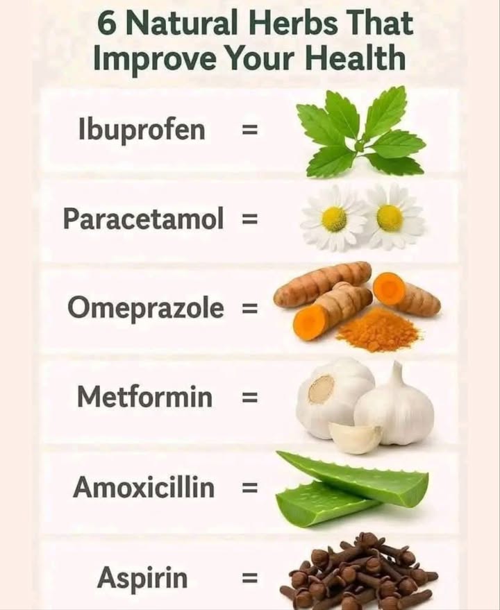 6 Natural Alternatives to Common Medications
 Ibuprofen  Peppermint
Soothes pain & inflammation
 For: Headaches, sore muscles

 Paracetamol  Chamomile
Calms pain & relaxes the body
 For: Fever, aches, stress

 Omeprazole  Turmeric
Eases acid & supports digestion
 For: Heartburn, bloating

 Metformin  Garlic
Balances blood sugar naturally
 For: Type 2 diabetes support

 Amoxicillin  Aloe Vera
Fights germs & soothes inside/out
 For: Infections, wounds, gut

 Aspirin  Clove
Natural pain relief & heart helper
 For: Toothaches, headaches