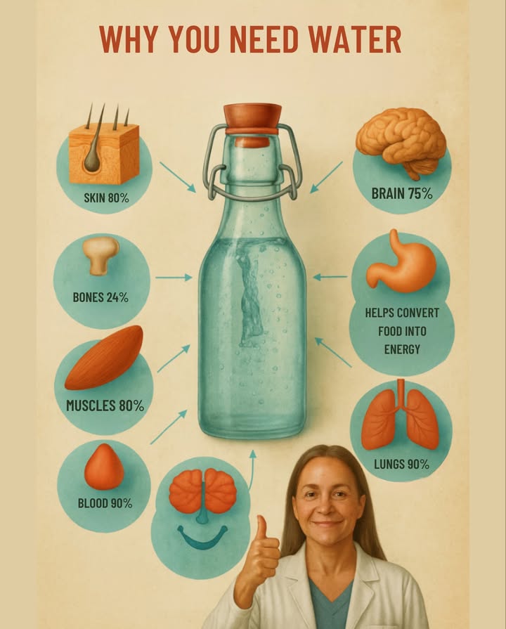 Water is life 

Your body depends on it:
易 Brain 75%
 Muscles 80%
喝 Blood 90%
 Lungs 90%
林 Skin 80%
領 Bones 24%

It also helps convert food into energy